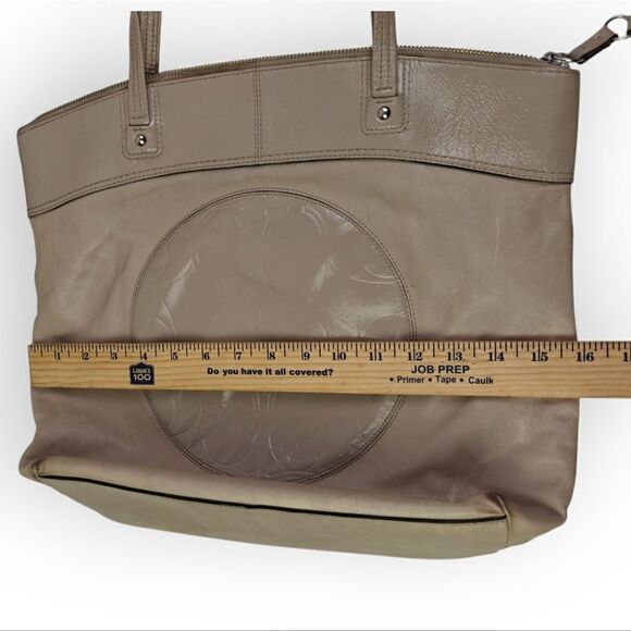 COACH BEIGE CC LOGO GENUINE LEATHER LARGE TOTE SHOULDER BAG HANDBAG PURSE BOHO - Picture 10 of 12